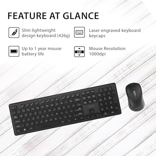 ASUS Wireless Keyboard and Mouse Set CW101, Upto 1000 Adjustable DPI,2.4 GHz Nano Receiver,Compact Light Weight Design (Black) ASUS Wireless Keyboard and Mouse Set CW101, Upto 1000 Adjustable DPI,2.4 GHz Nano Receiver,Compact Light Weight Design (Black)