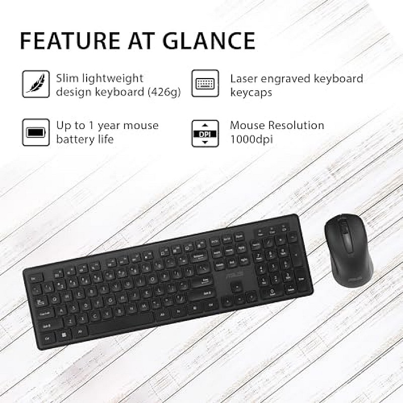 ASUS Wireless Keyboard and Mouse Set CW101, Upto 1000 Adjustable DPI,2.4 GHz Nano Receiver,Compact  Light Weight Design (Black)