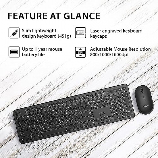 ASUS Wireless Keyboard and Mouse Set CW101, Upto 1000 Adjustable DPI,2.4 GHz Nano Receiver,Compact  Light Weight Design (Black)