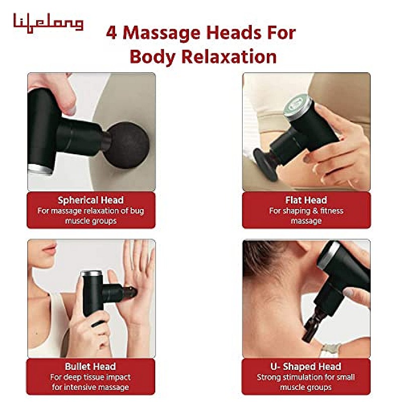 Lifelong Wireless LLGM27 Powerful Gun Massager with 4 Heads Deep Tissue Percussion Muscle Massager Black