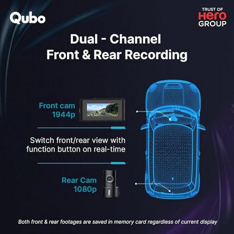 Qubo Car Dash Cam Pro 3K Dual Channel from Hero Group, 3K 5MP Front QHD 2MP Rear FHD 3.2 LCD Display, GPS Logger