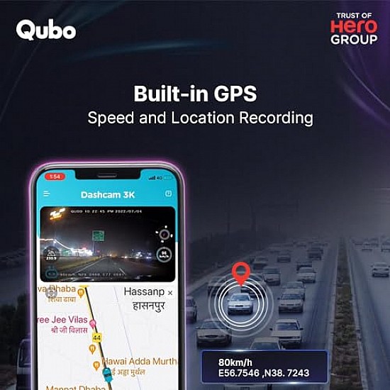 Qubo Car Dash Cam Pro 3K Dual Channel from Hero Group, 3K 5MP Front QHD 2MP Rear FHD 3.2 LCD Display, GPS Logger