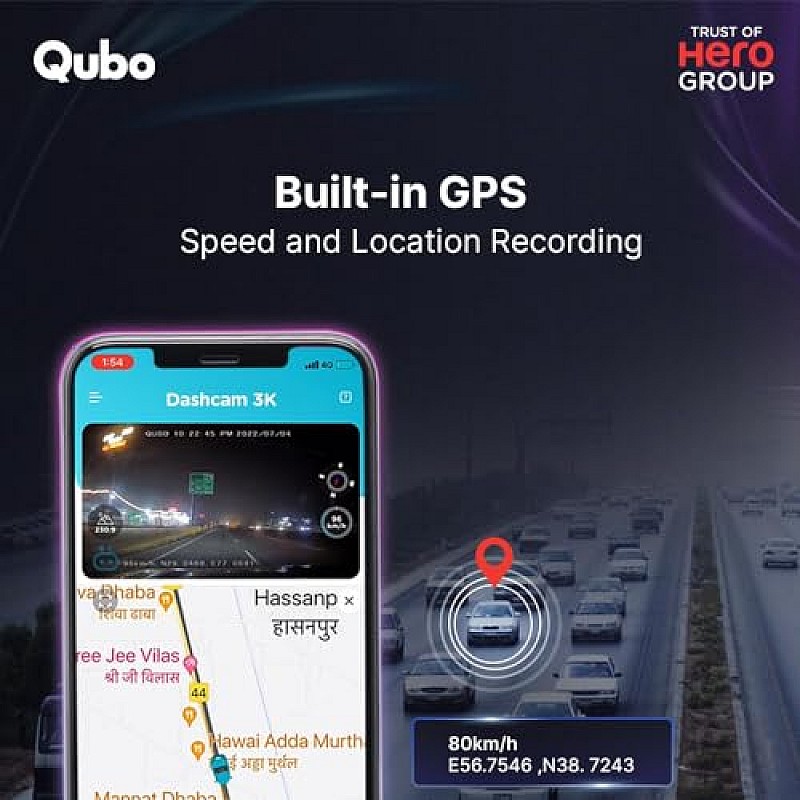 Qubo Car Dash Cam Pro 3K Dual Channel from Hero Group, 3K 5MP Front QHD 2MP Rear FHD 3.2 LCD Display, GPS Logger