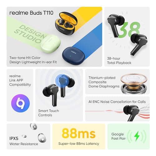 realme Buds T110 with Ai Enc for Calls, Upto 38 Hours of Playback earbuds (Punk Black, True Wireless) realme Buds T110 with Ai Enc for Calls, Upto 38 Hours of Playback earbuds (Punk Black, True Wireless)