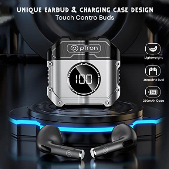 pTron Bassbuds Revv in-Ear TWS Earbuds with Mic, AI-ENC Calling, 50ms Low Latency 28Hrs Playtime Jet Black