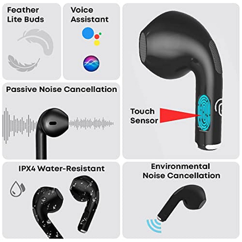 pTron Bassbuds Revv in-Ear TWS Earbuds with Mic, AI-ENC Calling, 50ms Low Latency 28Hrs Playtime Jet Black