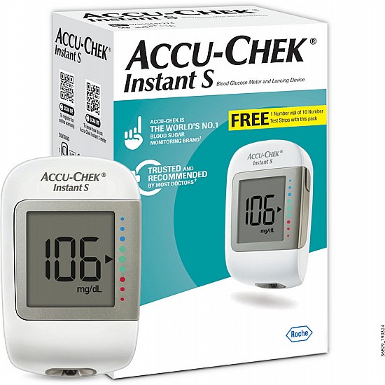 Accu-Chek Instant S Glucometer with Free Test Strips, 10 Count (White)