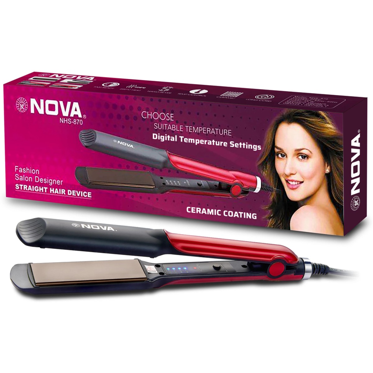 Manya Impex Nova Professional Hair Straightener Temperature Control NHS 870 (Black/Red)