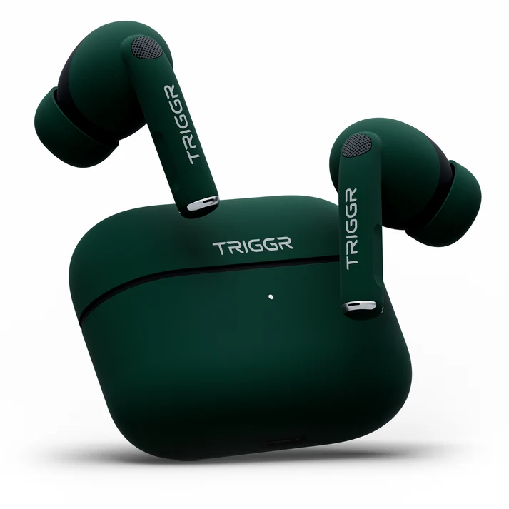 TRIGGR Ultrabuds N4 with Premium Finish, Rubber Grip Design, 40H Battery, 13 mm Drivers Bluetooth (Jungle Green, True Wireless)