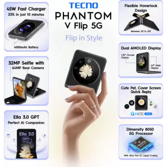 Tecno Phantom V Flip 5G (Iconic Black 8 GB RAM) 256 GB Storage