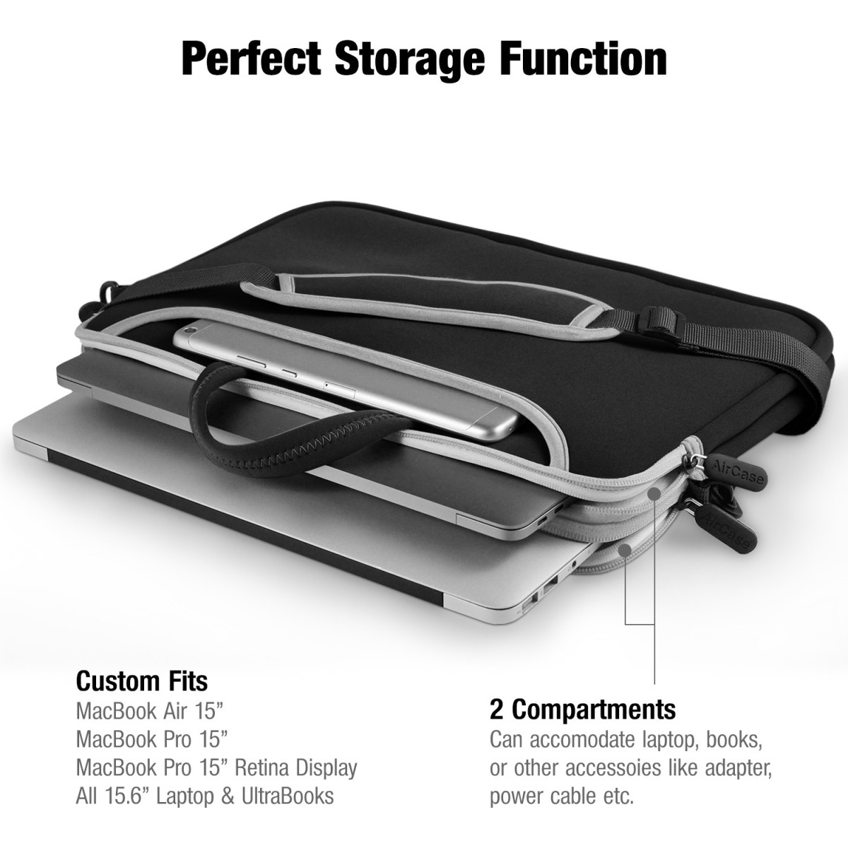 AirCase Laptop Bag Sleeve Bag for 15.6-Inch Laptop MacBook Shoulder Strap Pocket Black