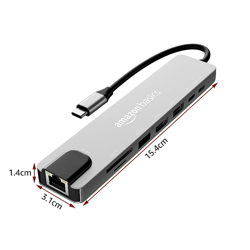 Amazon Basics USB-C Hub Dock 8-in-1 with 4K 30HZ HDCP Compliant, Aluminium Type C Adapter with 4K HDMI Port