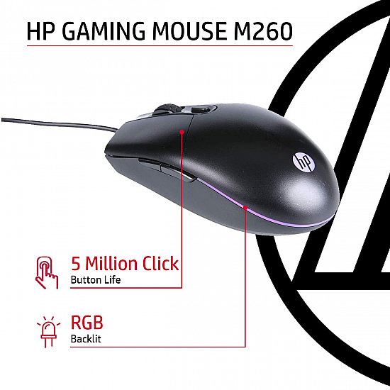 HP M260 RGB Backlighting USB Wired Gaming Mouse, Customizable 6400 DPI, Ergonomi Lightweighted /3 Years Warranty (7ZZ81AA),Black