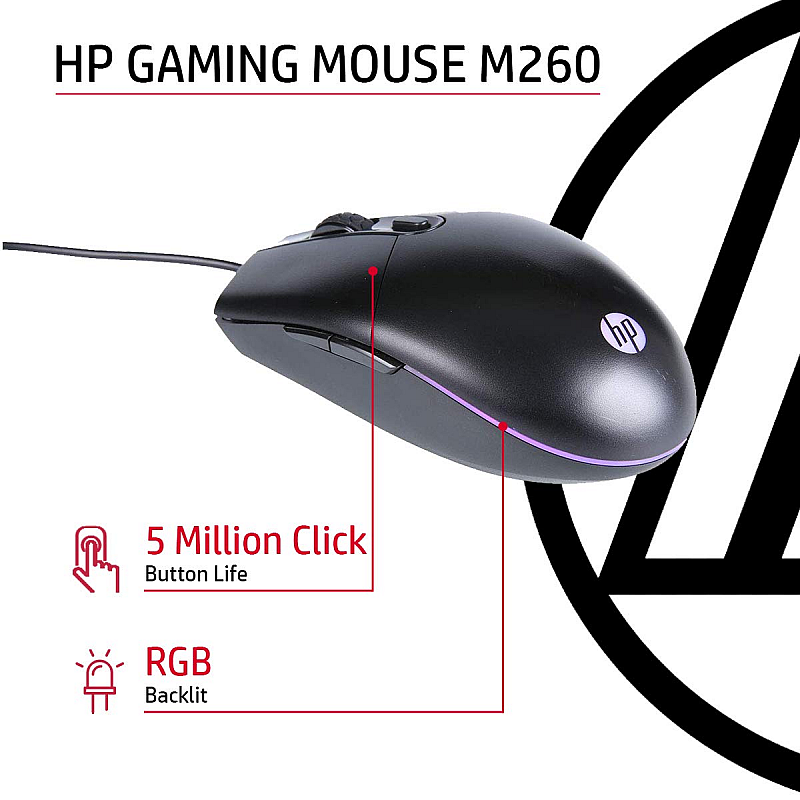 HP M260 RGB Backlighting USB Wired Gaming Mouse, Customizable 6400 DPI, Ergonomi Lightweighted /3 Years Warranty (7ZZ81AA),Black