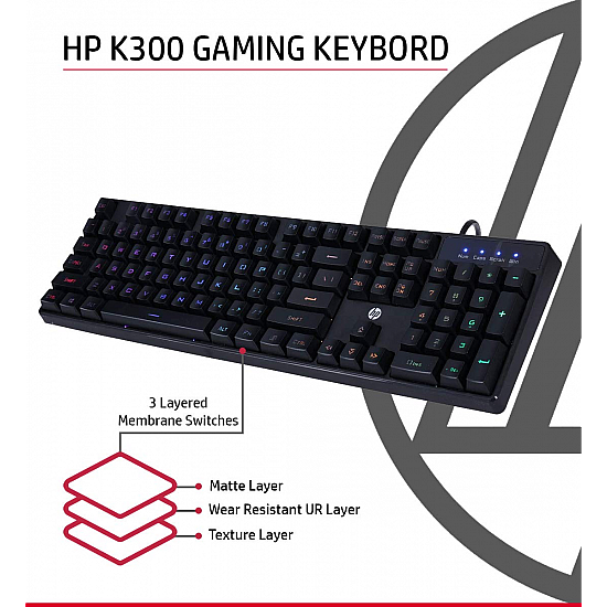 HP K300 Backlit Membrane Wired Gaming Keyboard with Mixed Color Lighting, 4 LED Indicators