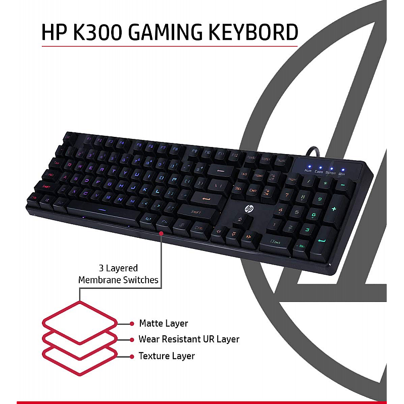 HP K300 Backlit Membrane Wired Gaming Keyboard with Mixed Color Lighting, 4 LED Indicators