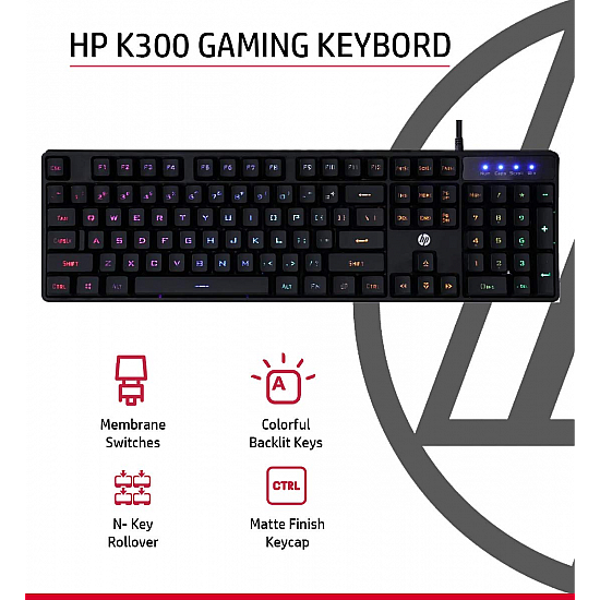 HP K300 Backlit Membrane Wired Gaming Keyboard with Mixed Color Lighting, 4 LED Indicators