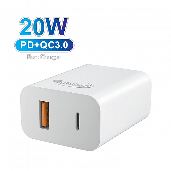 Quantum 20W Fast Charger QC+PD Dual Output USB & Type-C Mobile Charger with Smart IC, Wide Compatibility (White)