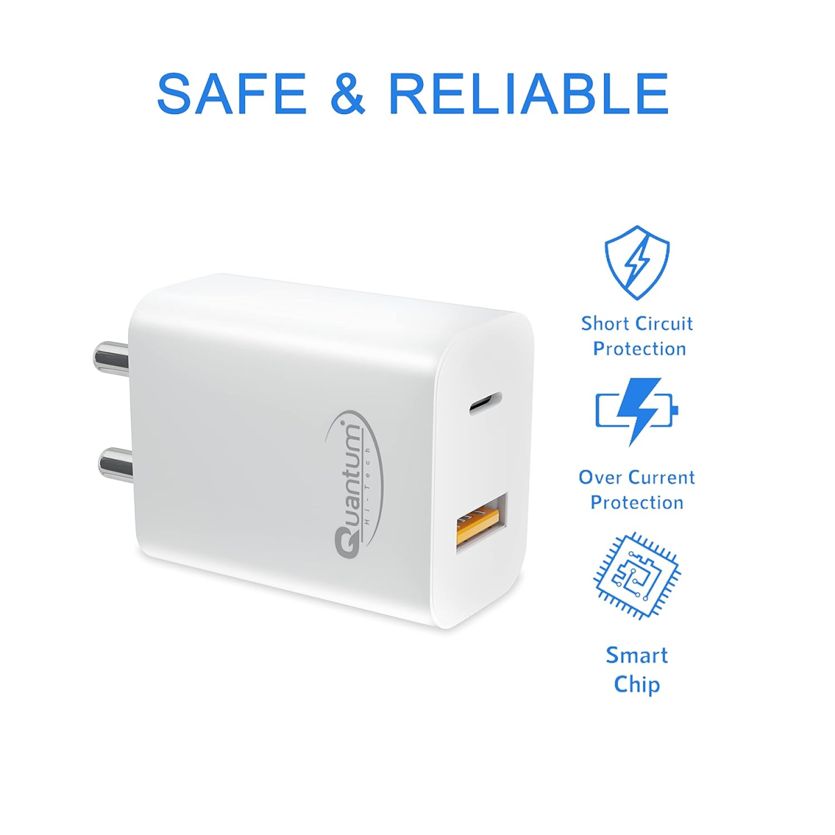 Quantum 20W Fast Charger QC+PD Dual Output USB & Type-C Mobile Charger with Smart IC, Wide Compatibility (White)