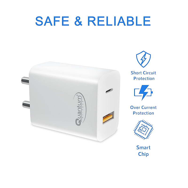 Quantum 20W Fast Charger QC+PD Dual Output USB & Type-C Mobile Charger with Smart IC, Wide Compatibility (White)