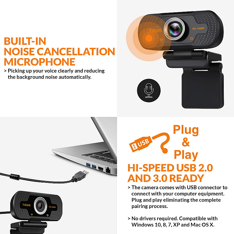 Tizum ZW78 Full HD 1080p Webcam Web Camera for PC