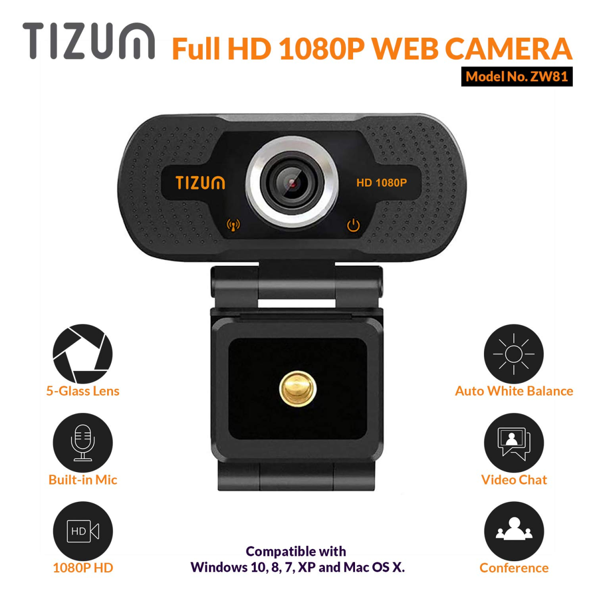 Tizum ZW78 Full HD 1080p Webcam Web Camera for PC