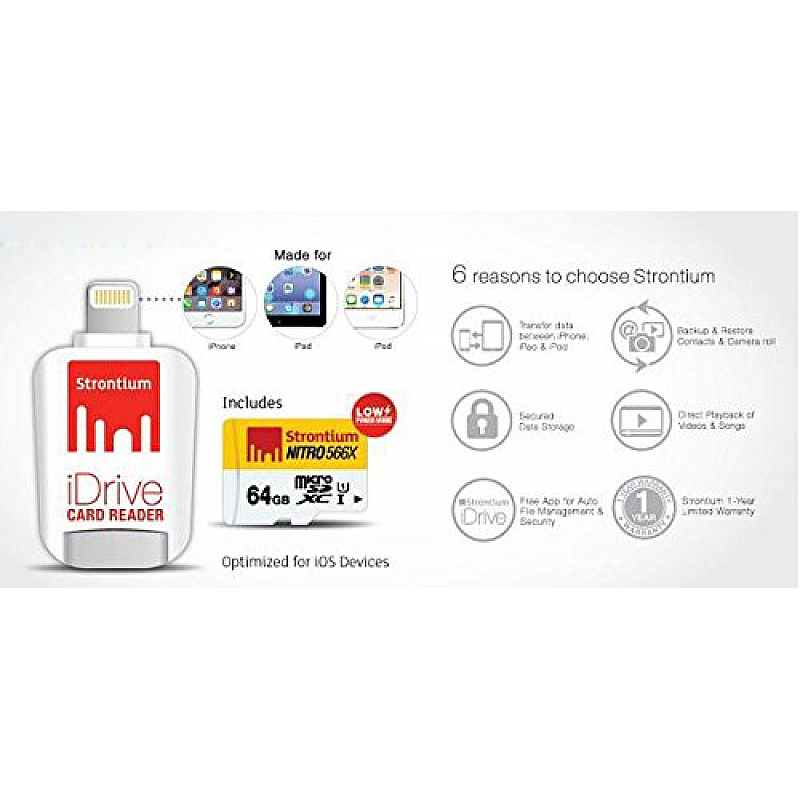 Strontium Nitro iDrive Card Reader (White, with Strontium Nitro 64GB UHS-I Class 10 MicroSD Card 