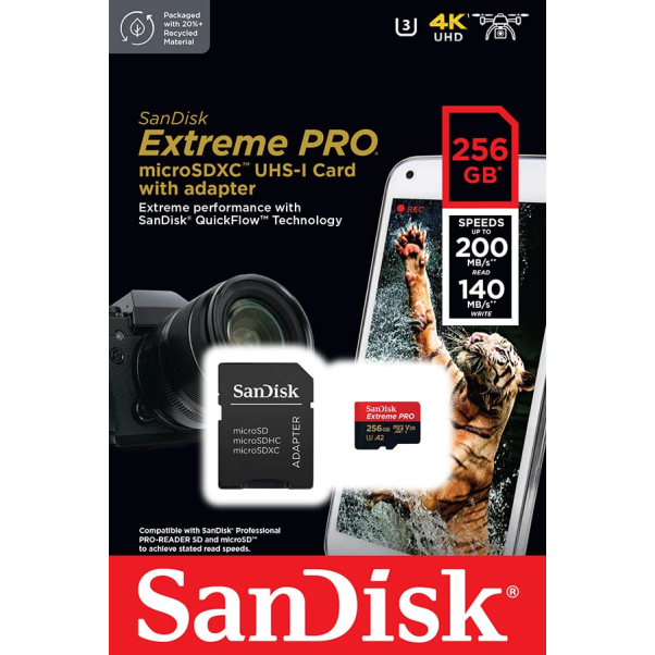 SanDisk Extreme Pro SDHC,256GB, U3, C10, UHS-I, 4K Video, 170MB/s R, 90MB/s W