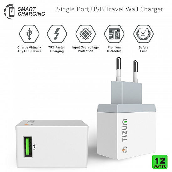 Tizum Quick Smart USB 2.4A Single Travel Wall Charger