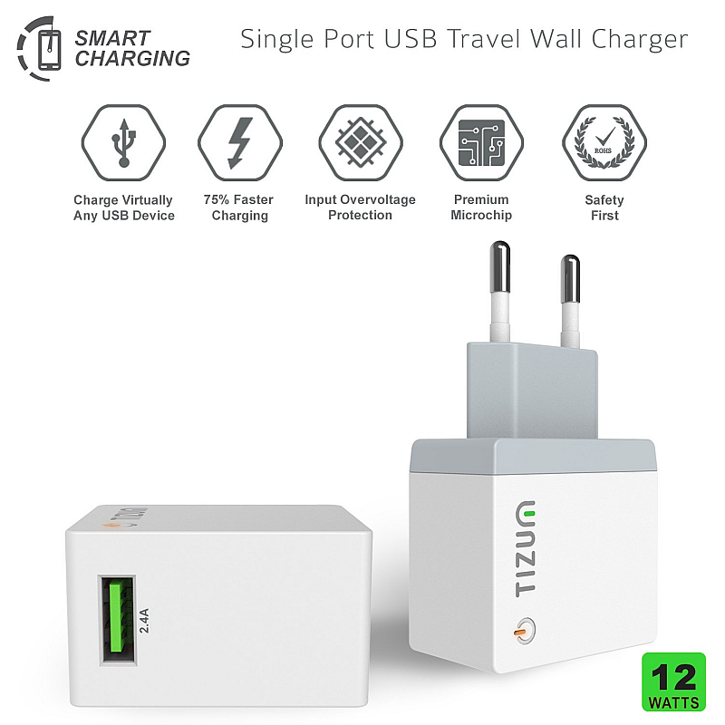 Tizum Quick Smart USB 2.4A Single Travel Wall Charger