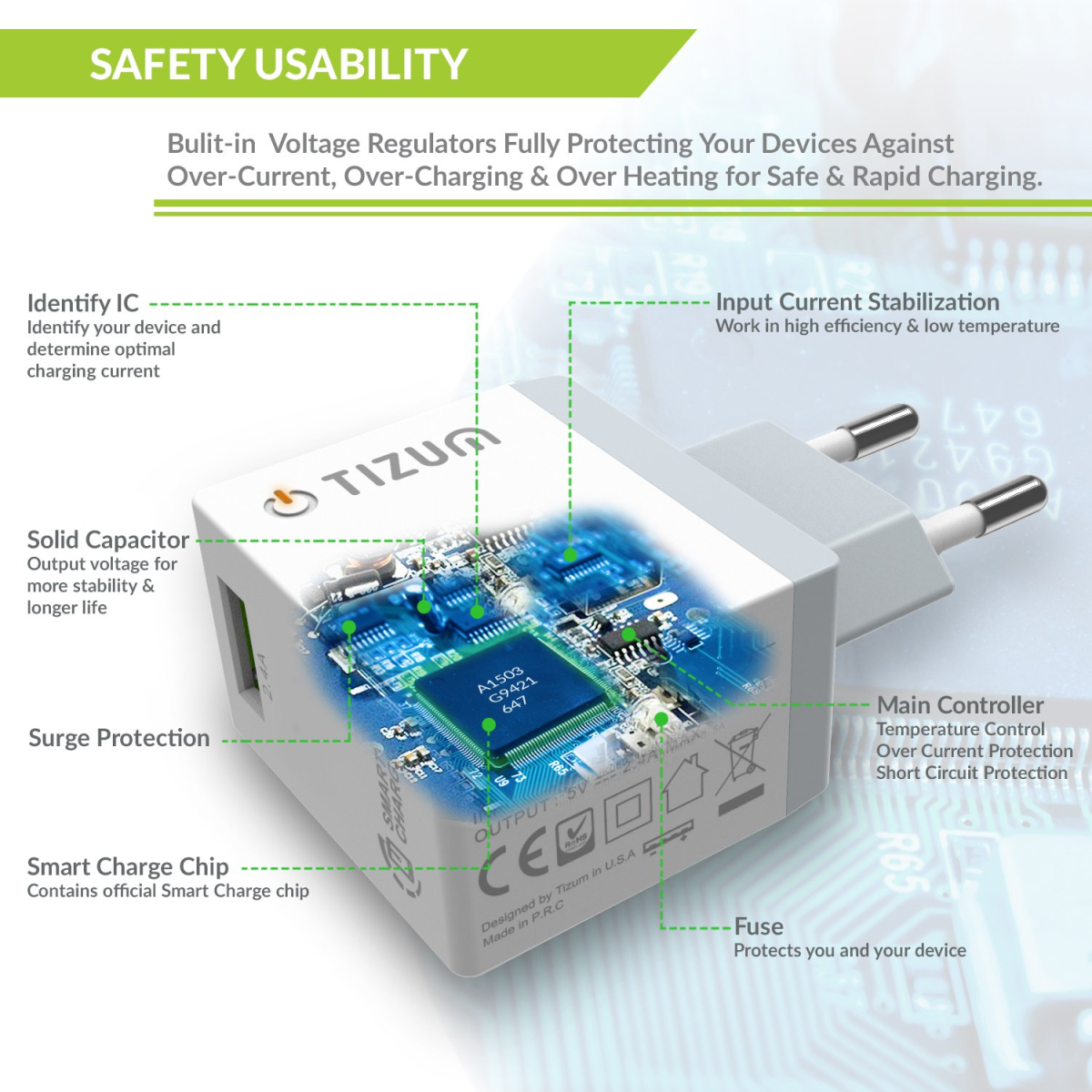 Tizum Quick Smart USB 2.4A Single Travel Wall Charger