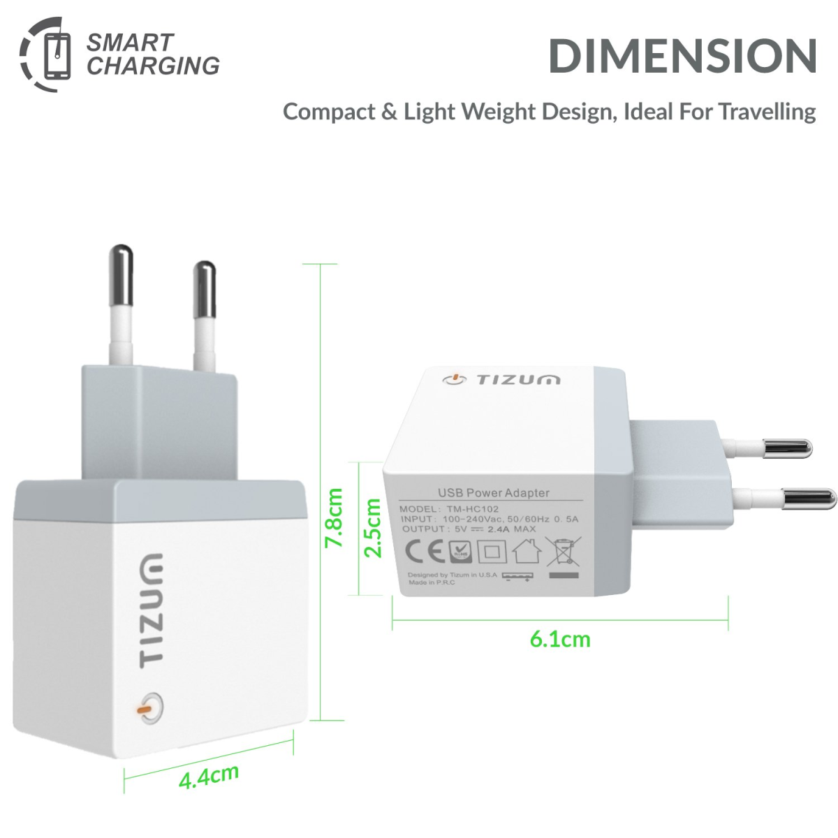 Tizum Quick Smart USB 2.4A Single Travel Wall Charger