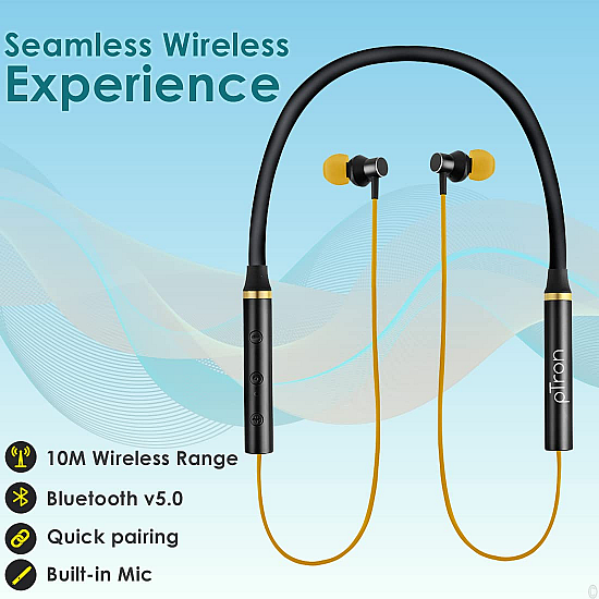 PTron Tangent Beats neckband Bluetooth Headset (Yellow, Black, In the Ear)