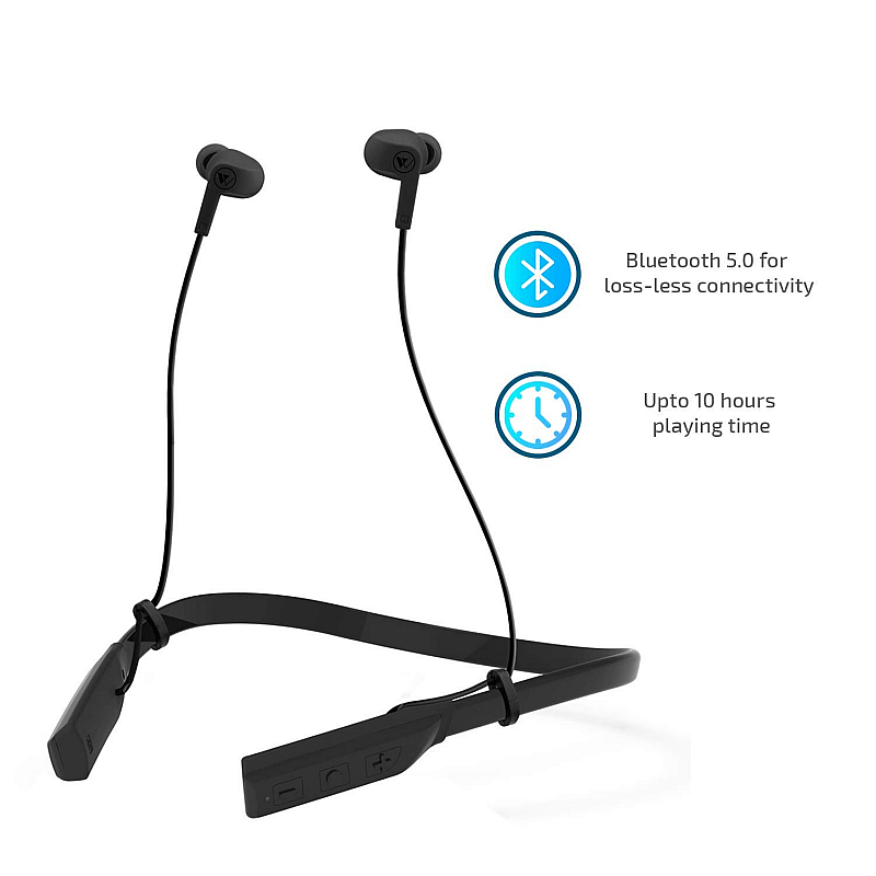 Wings Glide Neckband Latest Bluetooth 5.0 Wireless 10 Hours Playtime Built-in Woofers for Extra Bass and Siri Google Assistant Control (Black)