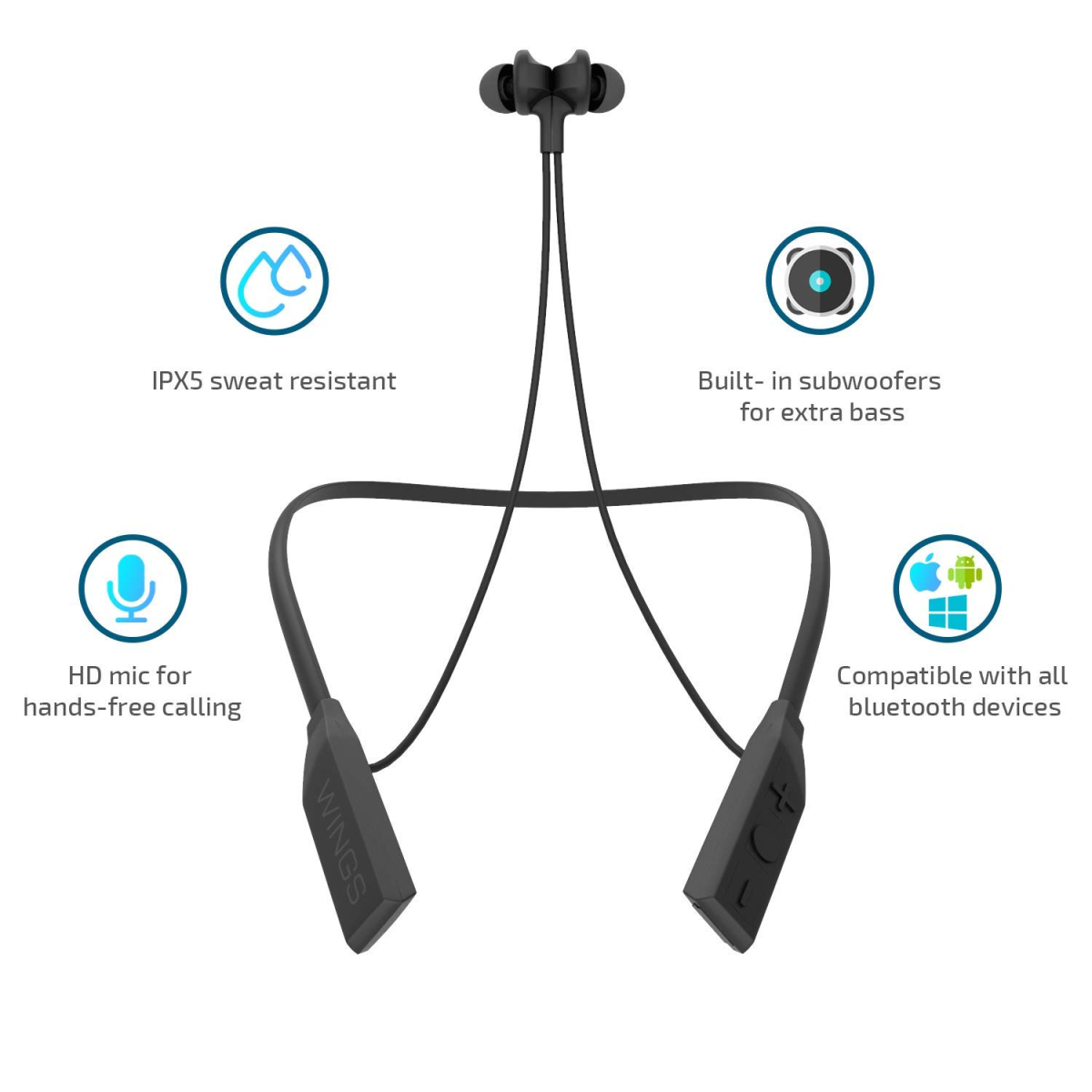 Wings Glide Neckband Latest Bluetooth 5.0 Wireless 10 Hours Playtime Built-in Woofers for Extra Bass and Siri Google Assistant Control (Black)