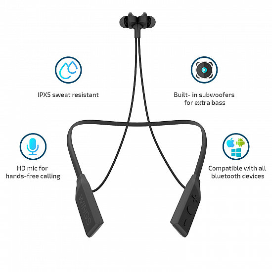 Wings Glide Neckband Latest Bluetooth 5.0 Wireless 10 Hours Playtime Built-in Woofers for Extra Bass and Siri Google Assistant Control (Black)