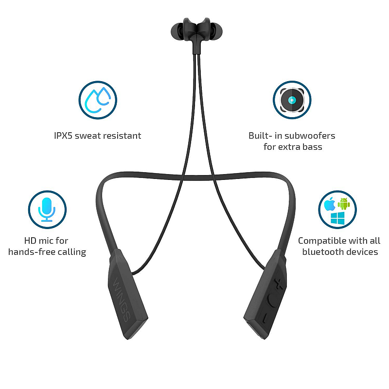 Wings Glide Neckband Latest Bluetooth 5.0 Wireless 10 Hours Playtime Built-in Woofers for Extra Bass and Siri Google Assistant Control (Black)