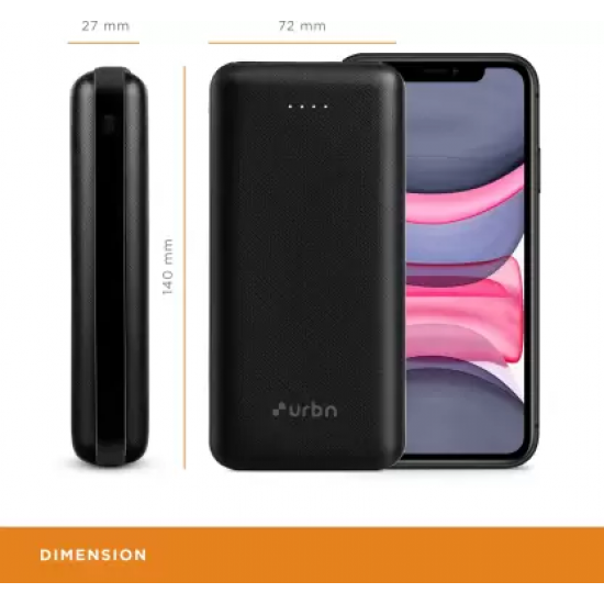 URBN 20000mAh Li-Polymer Ultra Compact Type-C Power Bank with 12W Fast Charge, Type C and Micro Input (Black)