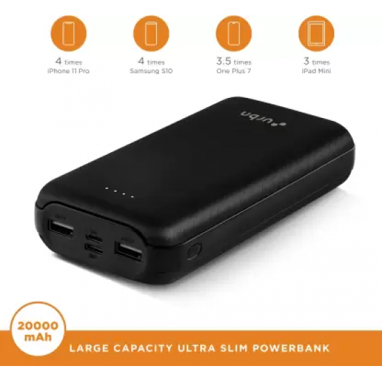 URBN 20000mAh Li-Polymer Ultra Compact Type-C Power Bank with 12W Fast Charge, Type C and Micro Input (Black)