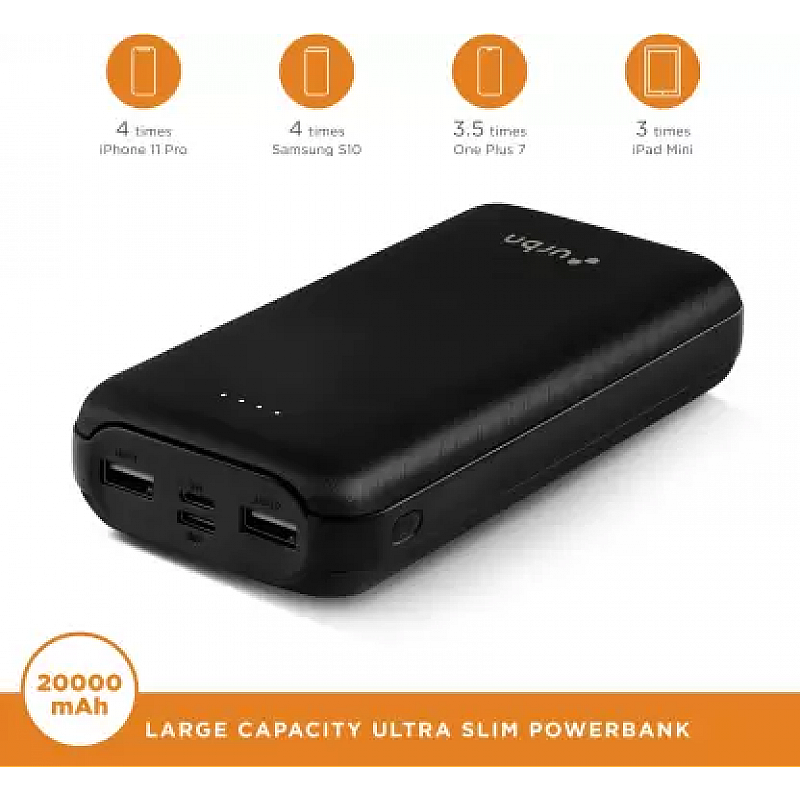 URBN 20000mAh Li-Polymer Ultra Compact Type-C Power Bank with 12W Fast Charge, Type C and Micro Input (Black)