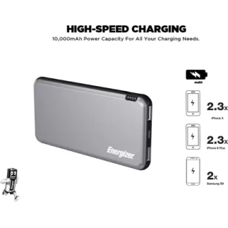 Energizer 10000 mAh Power Bank 10 W, Fast Charging-Grey, Lithium Polymer Energizer 10000 mAh Power Bank 10 W, Fast Charging-Grey, Lithium Polymer