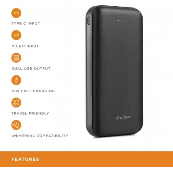 URBN 20000mAh Li-Polymer Ultra Compact Type-C Power Bank with 12W Fast Charge, Type C and Micro Input (Black)