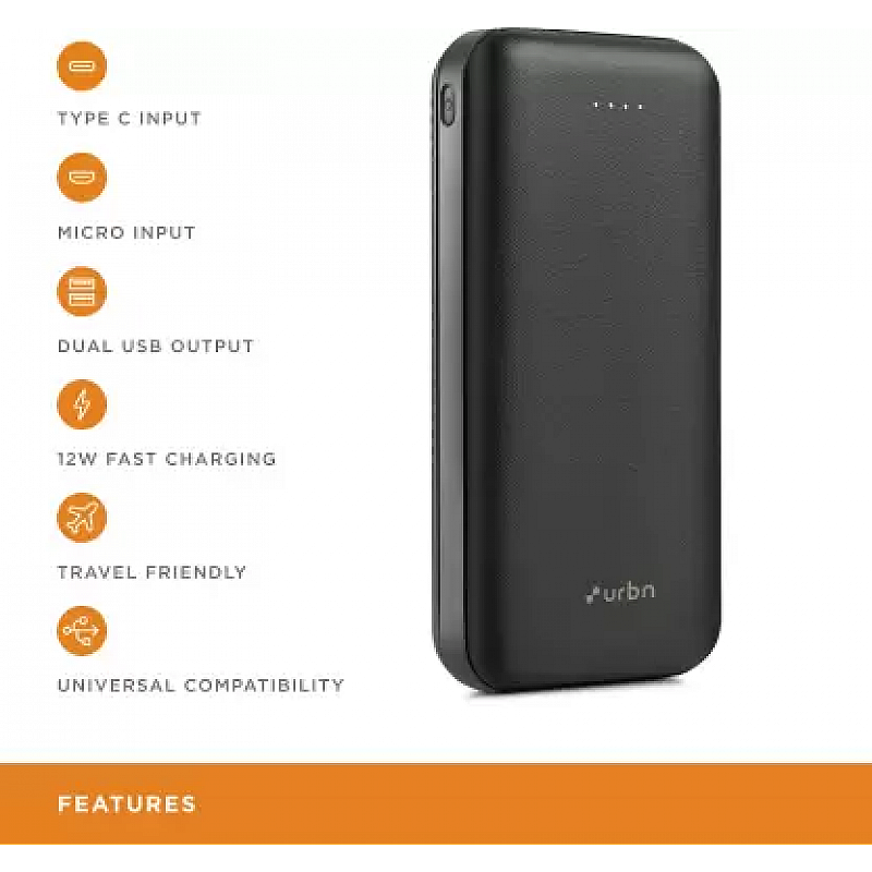 URBN 20000mAh Li-Polymer Ultra Compact Type-C Power Bank with 12W Fast Charge, Type C and Micro Input (Black)