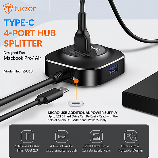 Tukzer USB C Hub Ultra-Slim USB-C Superspeed Adapter with 4 USB 3.0 Ports USB Type C