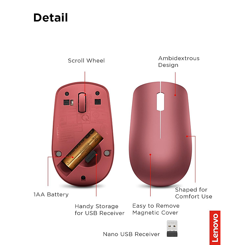 Lenovo 530 Wireless Mouse Ambidextrous, Ergonomic Mouse  (Cherry Red) 