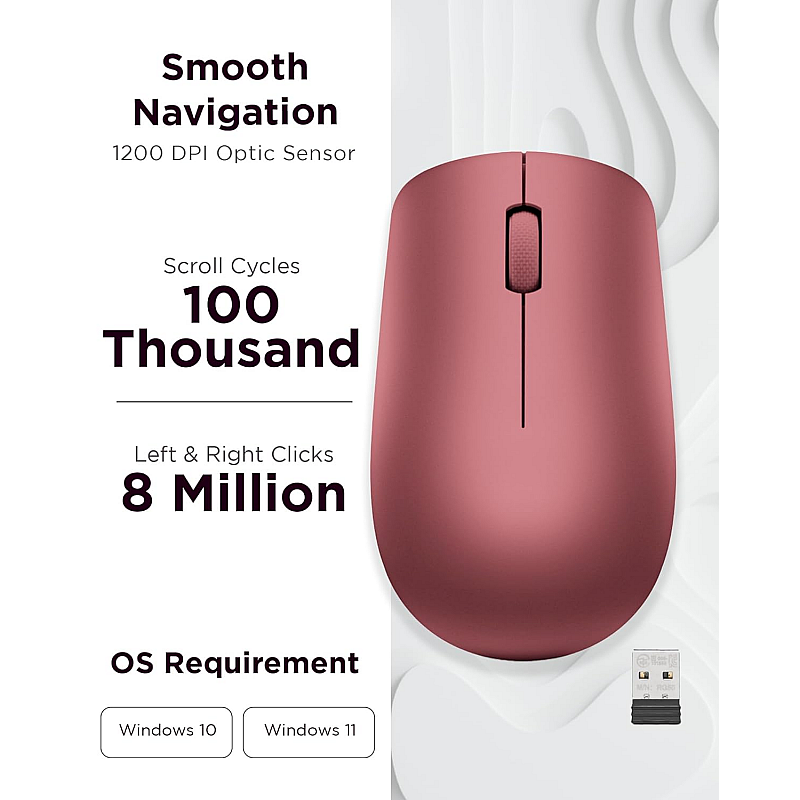 Lenovo 530 Wireless Mouse Ambidextrous, Ergonomic Mouse  (Cherry Red) 