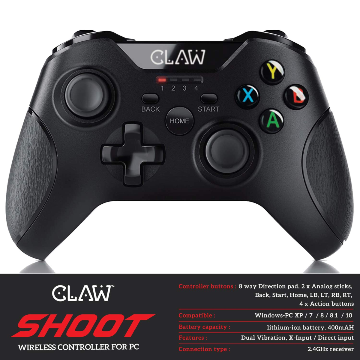 Claw shoot wireless 2.4ghz usb gamepad controller for pc supports windows xp/7/8/10 with rubberized textured grip and dual vibration motors