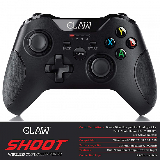 Claw shoot wireless 2.4ghz usb gamepad controller for pc supports windows xp/7/8/10 with rubberized textured grip and dual vibration motors 