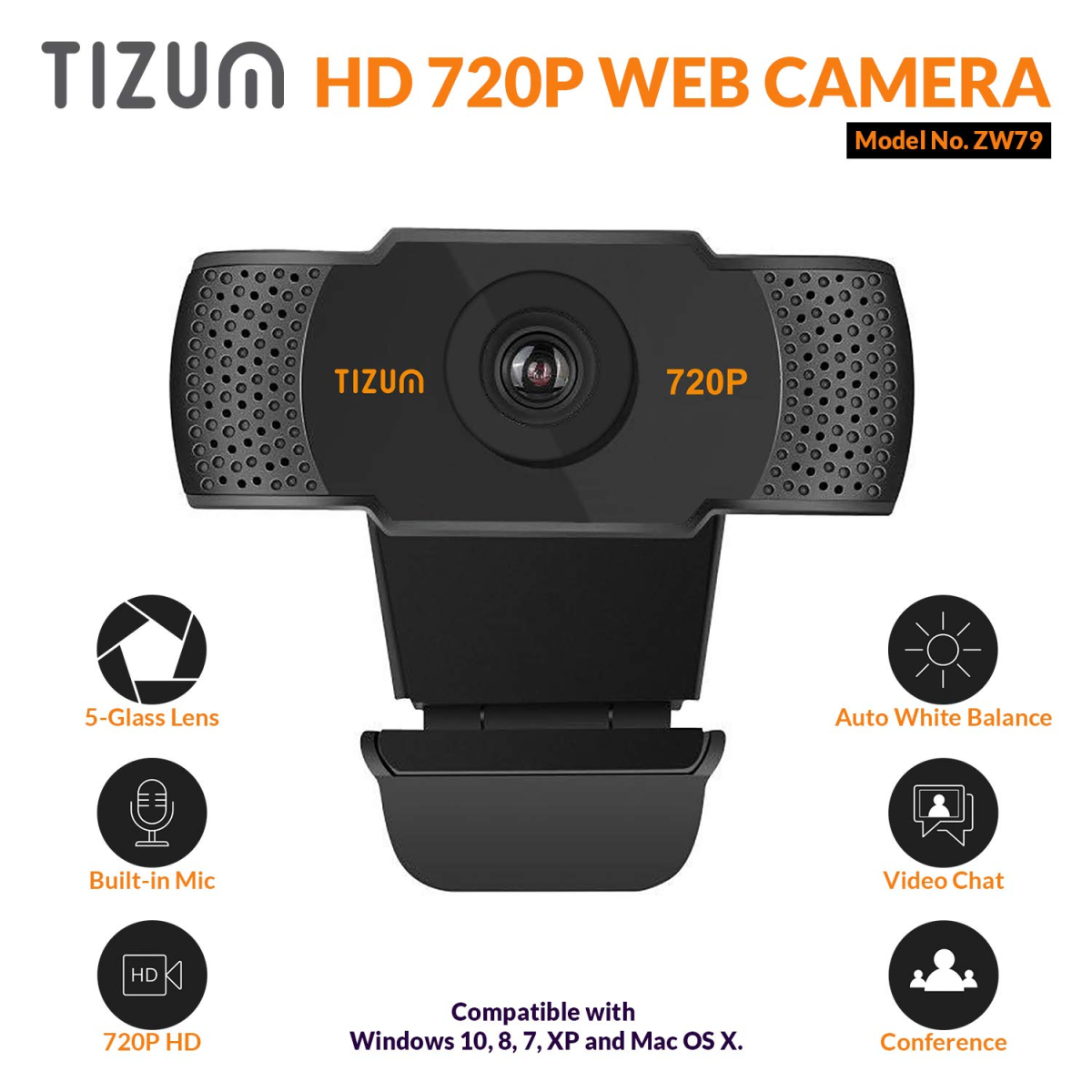 Tizum HD 720p Webcam, Manual Focus, Widescreen Viewing Angle, Auto Light Correction