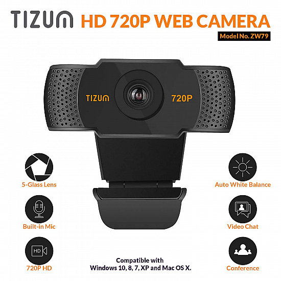 Tizum HD 720p Webcam, Manual Focus, Widescreen Viewing Angle, Auto Light Correction 